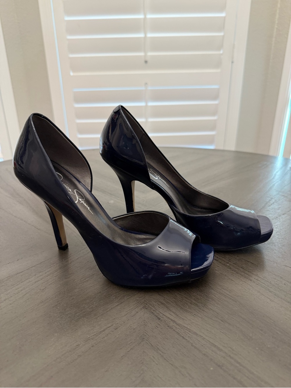 Jessica Simpson Navy Blue Patent Leather Peep Toe Stiletto Heels | Size 8